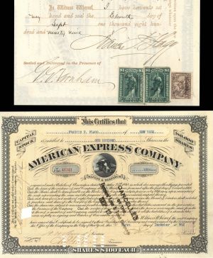 American Express Stock issued to and signed by Francis F. Flagg and J. C. Fargo and W. H. Seward, Jr. - 1898 dated Autograph Stock Certificate