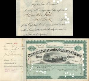 Cincinnati, Indianapolis, St. Louis and Chicago Railway Co. Transferred to Hamilton Fish - 1887 or 1889 dated Railroad Stock Certificate