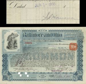 Baltimore and Ohio Rail Road Co. Issued to and signed by J.J. Hanauer- 1900 dated Autographed Stock Certificate