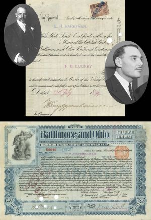Baltimore and Ohio Railroad Co. Issued to and signed by Henry Oppenheimer and Transferred to E.H. Harriman - 1899 dated Autographed Stock Certificate