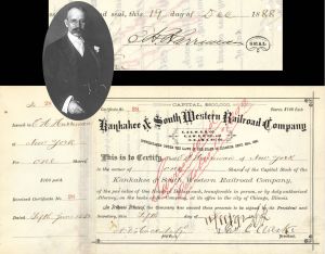 Kankakee and South Western Railroad Co. Issued to and signed by E.H. Harriman - 1885 and 1888 dated Autographed Stock Certificate