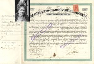 San Francisco and San Joaquin Valley Railway Co. Issued to Phoebe A. Hearst - 1895 dated Stock Certificate