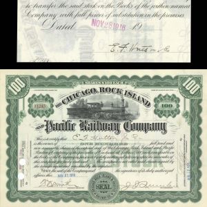 Chicago, Rock Island and Pacific Railway Co. Issued to E.F. Hutton and Co. - 1916 dated Stock Certificate