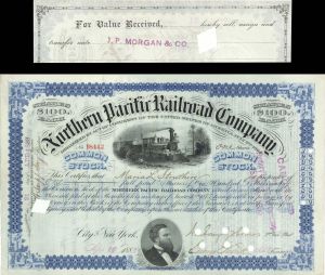 Northern Pacific Railroad Co. Transferred to J.P. Morgan and Co. - 1888 dated Stock Certificate