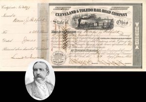 Cleveland and Toledo Rail-Road Signed at stub by Leonard W. Jerome for Heman J. Redfield - 1855 dated Autographed Stock Certificate
