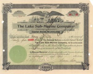 Lake Sub=Marine Co. Signed by Simon Lake - 1900 dated Autograph Stock Certificate