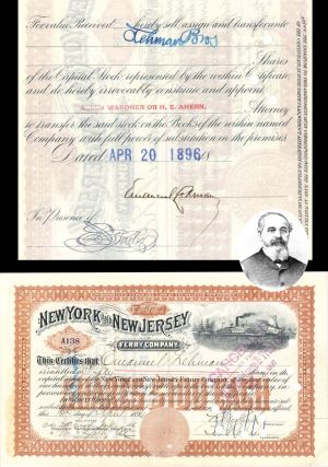 New York and New Jersey Ferry Co. issued to and signed by Emanuel Lehman - 1896 dated Autograph Stock Certificate - Lehman Brothers Fame