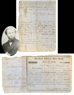 Northern Indiana Rail-Road Scrip signed by Edwin C. Litchfield - 1851 or 1852 dated Autographed Stock Certificate
