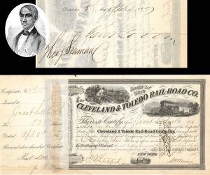 Cleveland and Toledo Rail-Road Co. issued to Jacob Little and Co. and signed by Jacob Little on back - 1857 or 1858 dated Autographed Stock Certificate