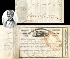 Michigan Southern and Northern Indiana Railroad Co. issued to Jacob Little and signed - 1857 dated Autographed Stock Certificate