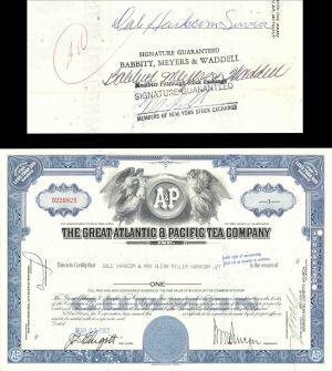 Great Atlantic and Pacific Tea Co. issued to Mrs. Glenn Miller Harcom and signed on back  - 1962 or 1965 dated Autographed Stock Certificate