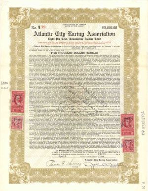 Atlantic City Racing Association signed by John B. Kelly, Sr. - 1944-1948 dated Autographed $5,000 Bond