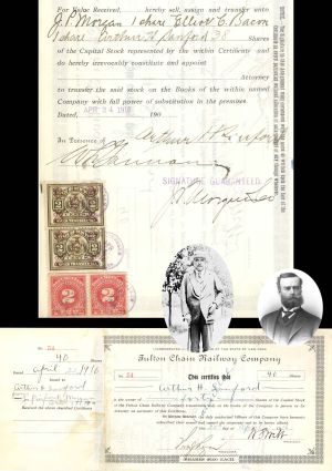 Fulton Chain Railway Co. signed by William Seward Webb and mentions J. Pierpont Morgan - 1916 dated Autographed Stock Certificate