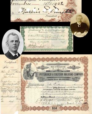 Pittsburgh and Eastern Railroad Co. signed by Marlin E. Olmsted and E.V.W. Rossiter - 1902 dated Autographed Stock Certificate