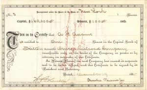 Fulton and Oswego Railroad Co. signed by Charles Parsons Jr. - 1885 dated Autograph Stock Certificate