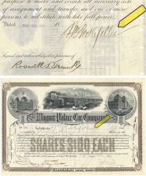 William Rockefeller Issued to and Signed Wagner Palace Car Co. - 1889 dated Autograph Stock Certificate