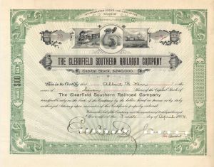Clearfield Southern Railroad Co. Signed by E.V.W. Rossiter - 1904 dated Autographed Stock Certificate