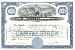 Phelps Dodge Corp. issued to John D. Rockefeller 3rd etc. - 1961 dated Stock Certificate