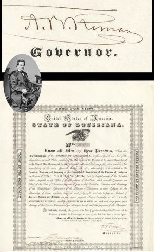 State of Louisiana signed by Governor A. B. Roman - 1842 dated Autographed $1,000 Bond