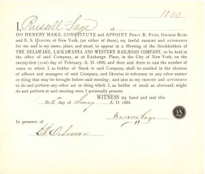 Delaware, Lakawanna and Western Railroad Co. Issued to and signed by Russell Sage - 1888 dated Autographed Stock Transfer