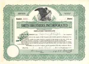 Smith Brothers, Inc. signed by Gradsons of the Inventors of Cough Drops Co. - 1940-1942 dated Autographed Stock Certificate