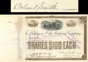 Baltimore and Ohio Railroad signed by Orland Smith - Civil War General - 1890's dated Autograph Railway Stock Certificate
