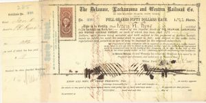 Delaware, Lackawanna and Western Railroad Co. signed by Moses Taylor - 1867 dated Autographed Stock Certificate