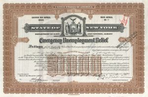 State of New York Emergency Unemployment Relief  Issued to Alfred G. Vanderbilt - $1,000 1937 dated Bond