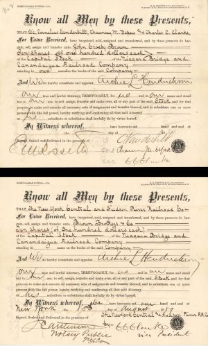 Pair of New York Central and Hudson River Railroad Co. signed by Cornelius Vanderbilt, Jr., Chauncey M. Depew and E.V.W. Rossiter - 1889 dated Autographed Stock Transfers