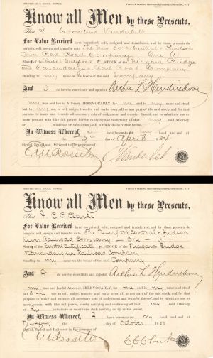Pair of New York Central and Hudson River Railroad Co. signed by Cornelius Vanderbilt, Jr. and E.V.W. Rossiter - 1884 and 1885 dated Autographed Stock Transfer