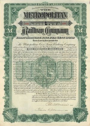 Metropolitan Cross-Town Railway Co.  Signed by Peter A. B. Widener - $1,000 1890 dated Bond (Uncanceled)
