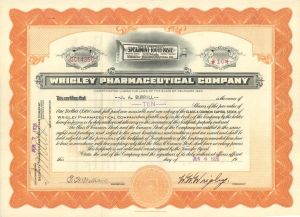 Wrigley Pharmaceutical Co. signed by W.W. Wrigley - Not the Famous Chewing Gum Magnate - 1926-1930 dated Autographed Stock Certificate