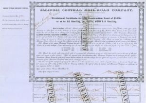 Illinois Central Rail-Road Co. signed by Robert Schuyler - 1852 dated Autographed $1,000 Bond