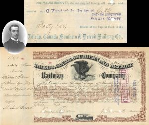 Toledo, Canada Southern and Detroit Railway Co. transferred to Cornelius Vanderbilt - 1873 or 1875 dated Stock Certificate
