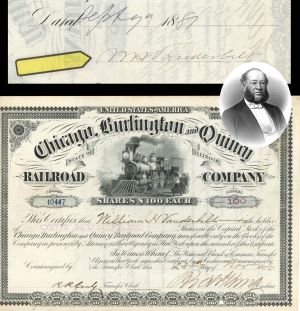 Chicago, Burlington and Quincy Railroad Co. issued to and signed by William H. Vanderbilt - 1880 dated Autographed Stocks Certificate