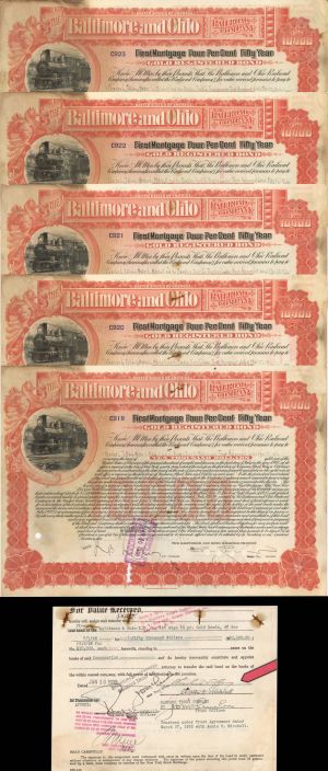 Baltimore and Ohio Railroad Co. Transfer signed by Charles L. Tiffany - 1922 dated Autograph of Infamous Tiffany Jewelers Family Member - Set of 5 $10,000 Bonds