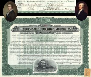 Winston-Salem Southbound Railway Co. Issued to Jennie W. Delano - 1913 dated $1,000 North Carolina Railroad Gold Bond 