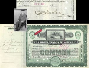 New England Steamship Co. Issue to and signed by C.S. Mellen - Autographed 1912 and 1913 dated Stock Certificate