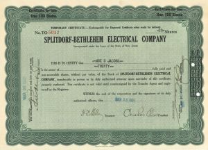Splitdorf-Bethlehem Electrical Co. signed by Charles Edison  - 1929 dated Stock Certificate (Uncanceled)