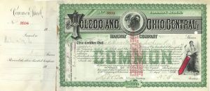 Toledo and Ohio Central Railway Co. Signed by W.C. Brown - 1910 or 1912 dated Autographed Stock Certificate