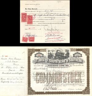 St. Joseph, South Bend and Southern Railroad Co. issued to and signed on Transfer by Avery Brundage - 1942 dated Autographed Stock Certificate (Uncanceled)
