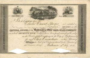Baltimore and Ohio Rail Road Co. Issued to Charles Carroll Harper - 1835 dated Autographed Stocks and Bonds