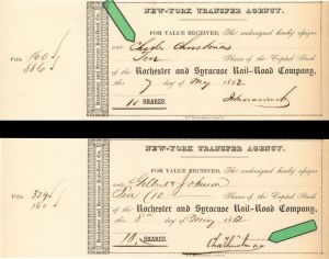 Rochester and Syracuse Rail Road Co. Pair Issued to and Signed by Chas. Christmas - Transfer Stock Receipts dated 1852 or 1853