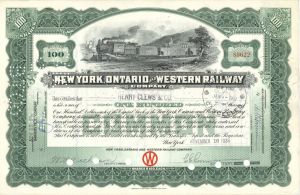 New York, Ontario and Western Railway Co. Issued to Henry Clews and Co. - 1934 dated Autographed Stock Certificate