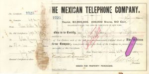 Mexican Telephone Co. Signed by Robt. Colgate - 1889-1894 dated Stock Certificate