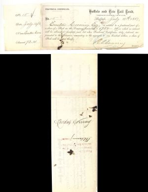 Buffalo and Erie Rail Road Issued to and signed by Erastus Corning - 1867 dated Stock Certificate