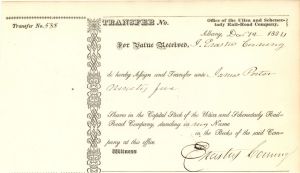 Utica and Schenectady Rail-Road Co. Issued to and signed by Erastus Corning - 1834 or 1856 dated Stock Certificate