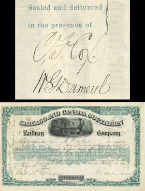 Chicago and Canada Southern Railway Co. Signed by C. F. Cox - 1875 dated Stock Certificate