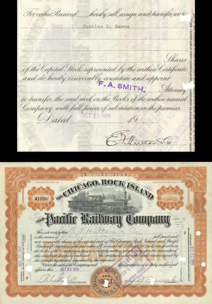 Chicago, Rock Island and Pacific Railway Co. Transferred to Charles Dawes - 1915 dated Autographed Stock Certificate