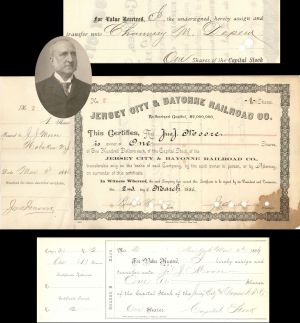 Jersey City and Bayonne Railroad Co. Stocks Transferred to Chauncey M. Depew - 1886 dated Autographed Stock Certificate